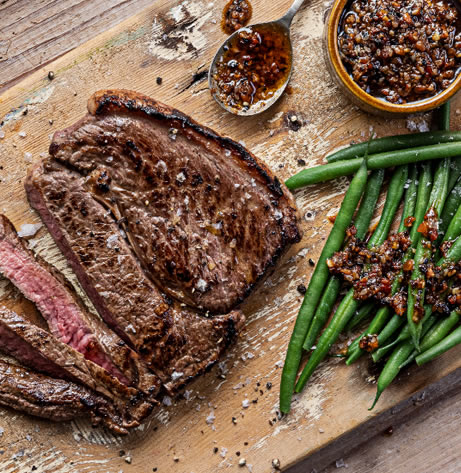 Beef on a wooden board